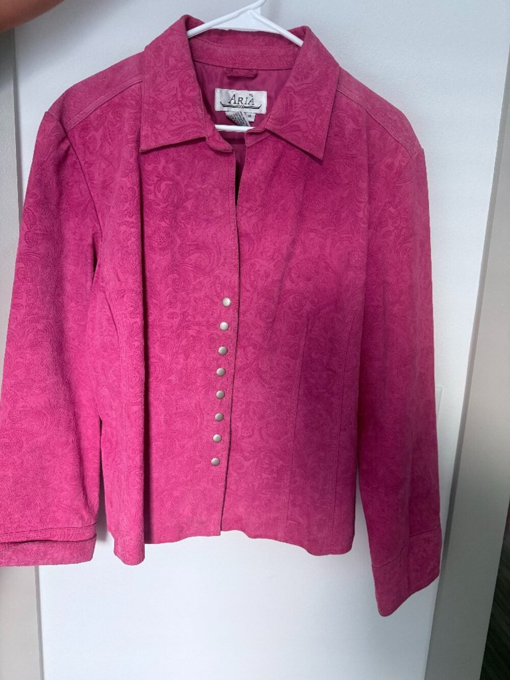 Vintage Aria Pink Embossed Genuine Suede Leather Jacket – Women’s XL